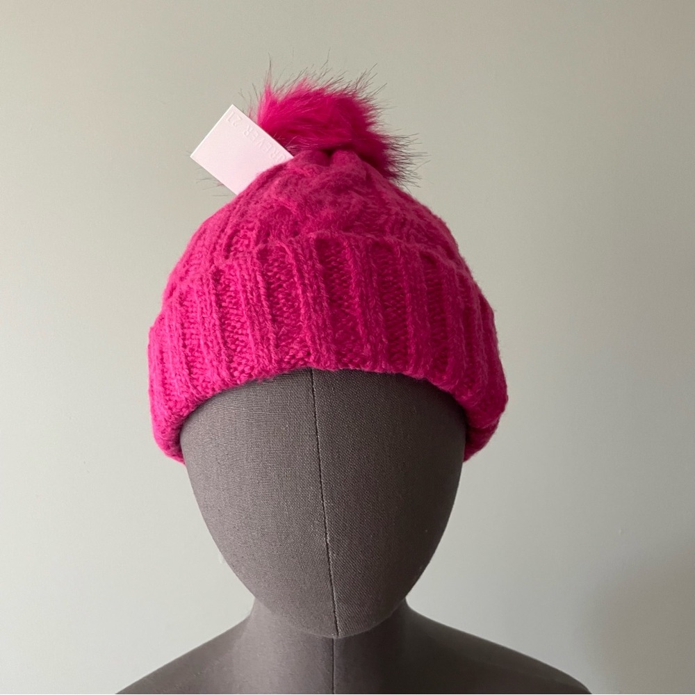 Hot Pink or Teal cable knit beanie hat with Pom Pom